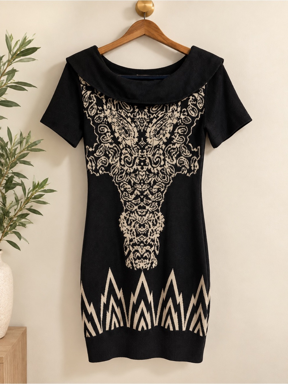 See By Chloé Black Mini Dress with Cream Geometric Hem